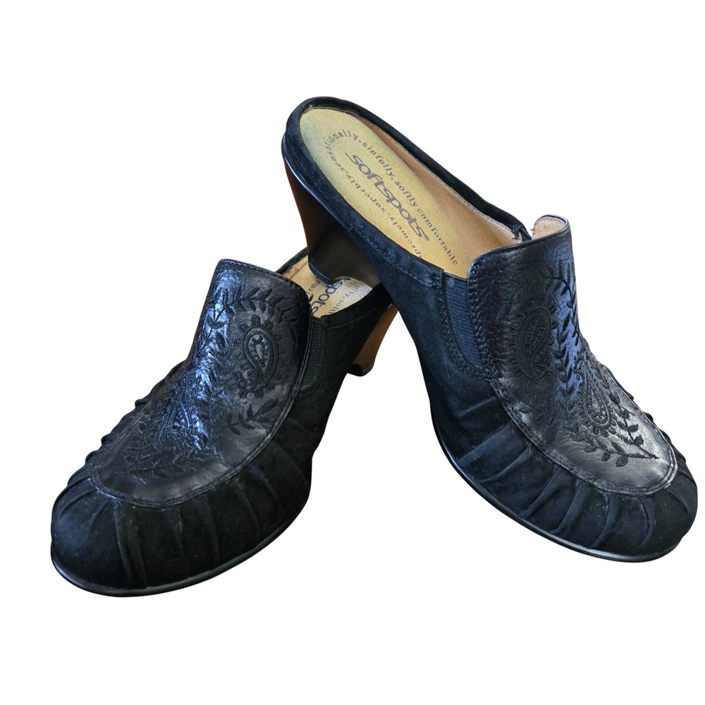 Softspots Womens 7W Boho Black Leather Suede Paisley Embroidered Wedge Mules